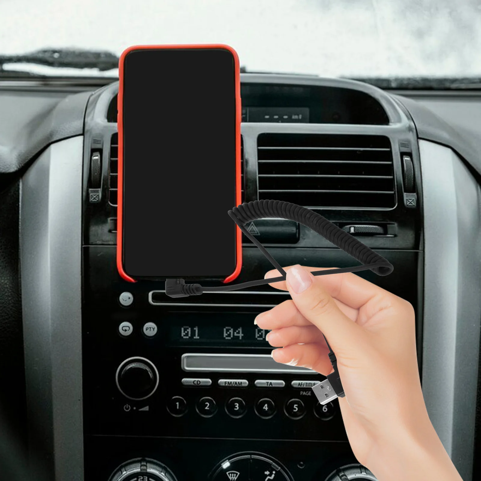 

Spring Coiled Usb Cable Right Angle Design Fast Charging Data Transfer Compatible With Android Devices Car