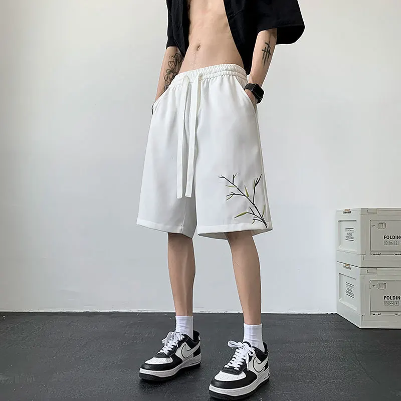 Embroidery Shorts Men Knee Length New Chinese Style Lace-up Simple Advanced Temperament Sporty Casual Mid Waist Streetwear Chic