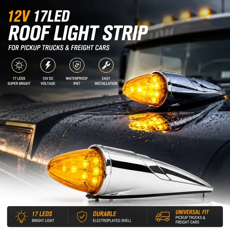 

CF 1Pc 12V 17LED Amber Truck Roof Marker Light Chrome Cab Clearance Lamp Waterproof Running Light for Pickup Truck Trailer