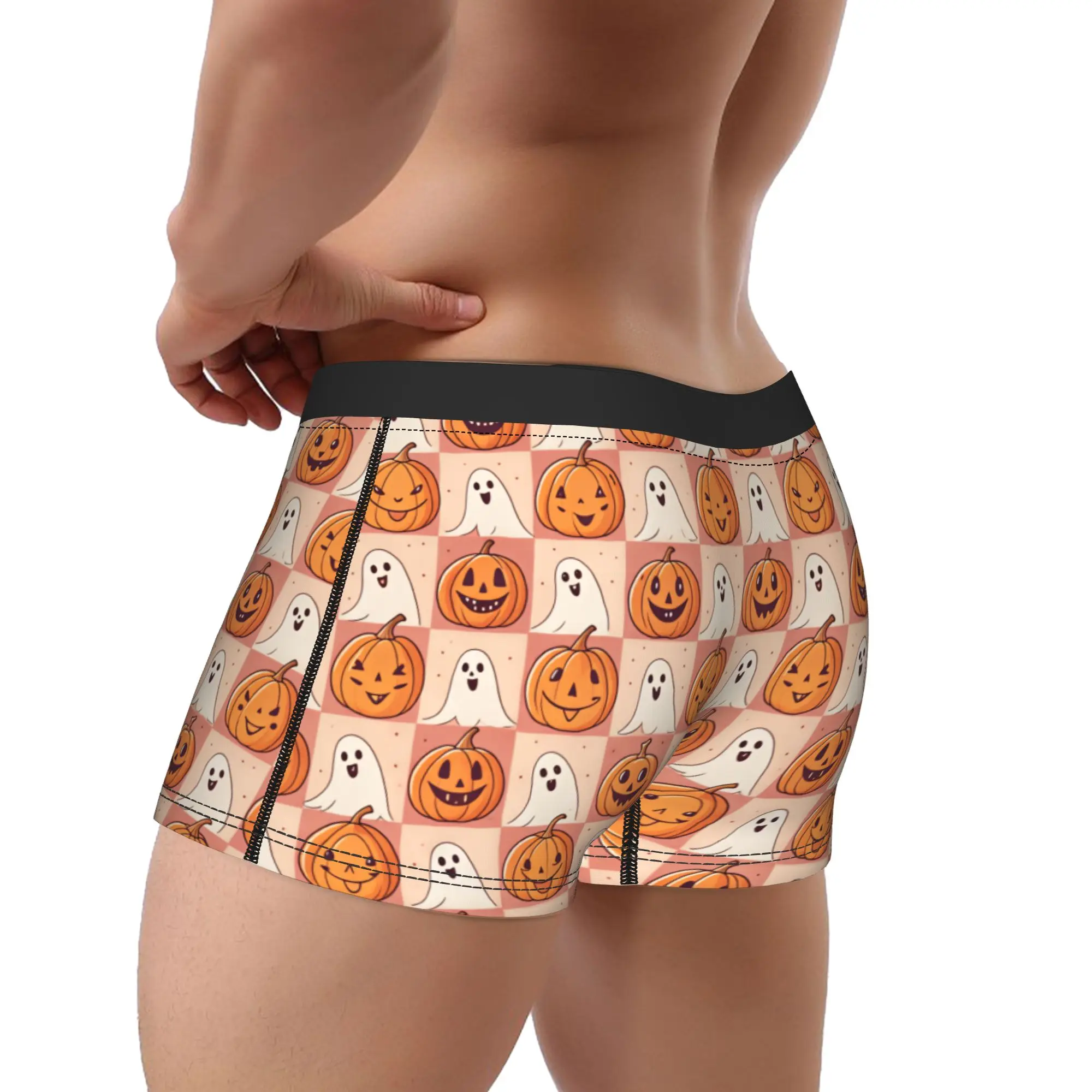 Halloween Checkerboard Pumpkin Ghost Seamless Pattern Underwear  Elastic Panties Printing Boxer Brief Males 3D Pouch Plus Size