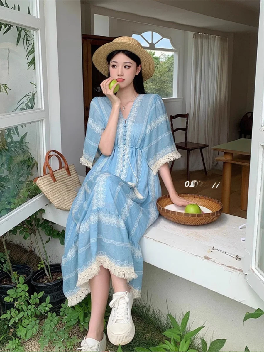 블루 V 넥 보헤미안 비치 휴가 스타일 롱 드레스 여성 플러스 사이즈 여름 여행 의류 a 라인 스커트 반소매