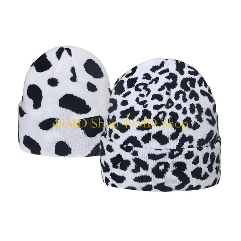49MD Simple Fashion Knitted Hat Thick Warm Casual Knitted with Cow Leopard Print Foldable Personality for Male Female