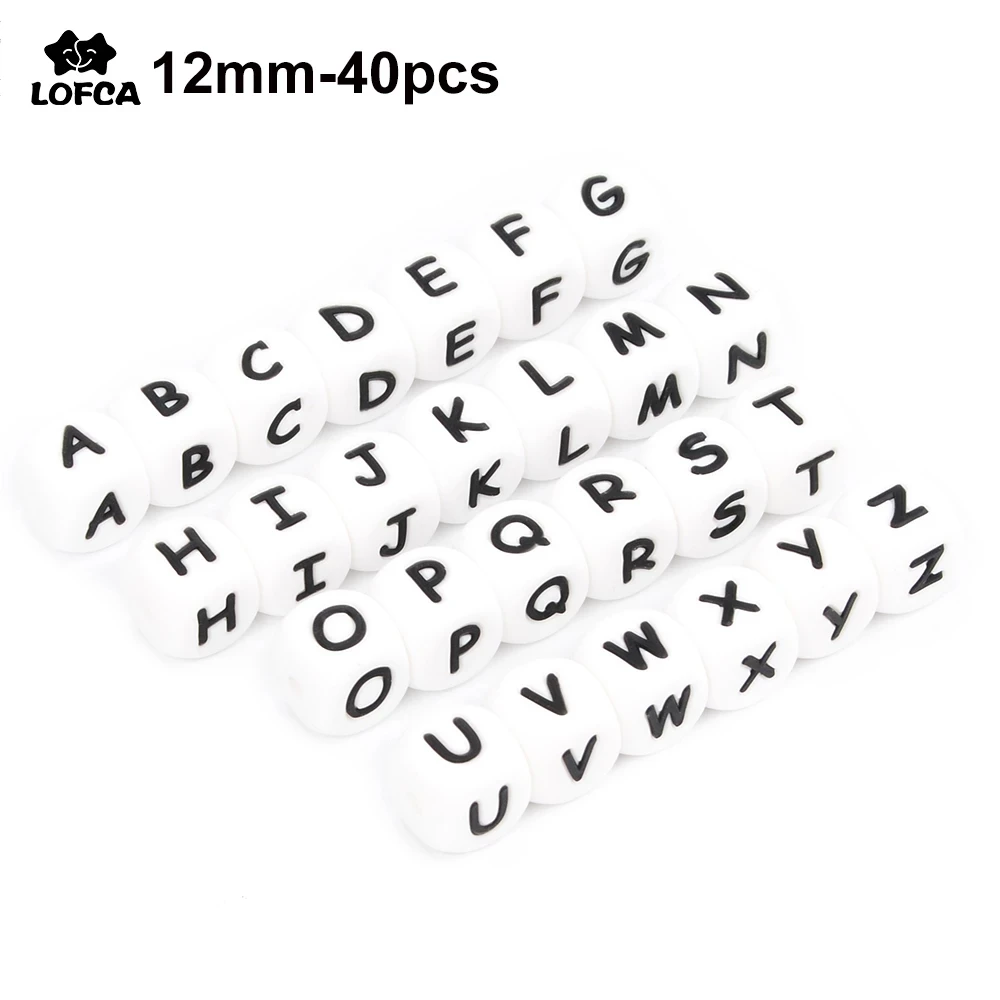 LOFCA 40 sztuk alfabet silikonowe koraliki z literami 12mm koraliki na ząbkowanie Food Grade gryzak angielskie litery karmienie dziecka na ząbkowanie