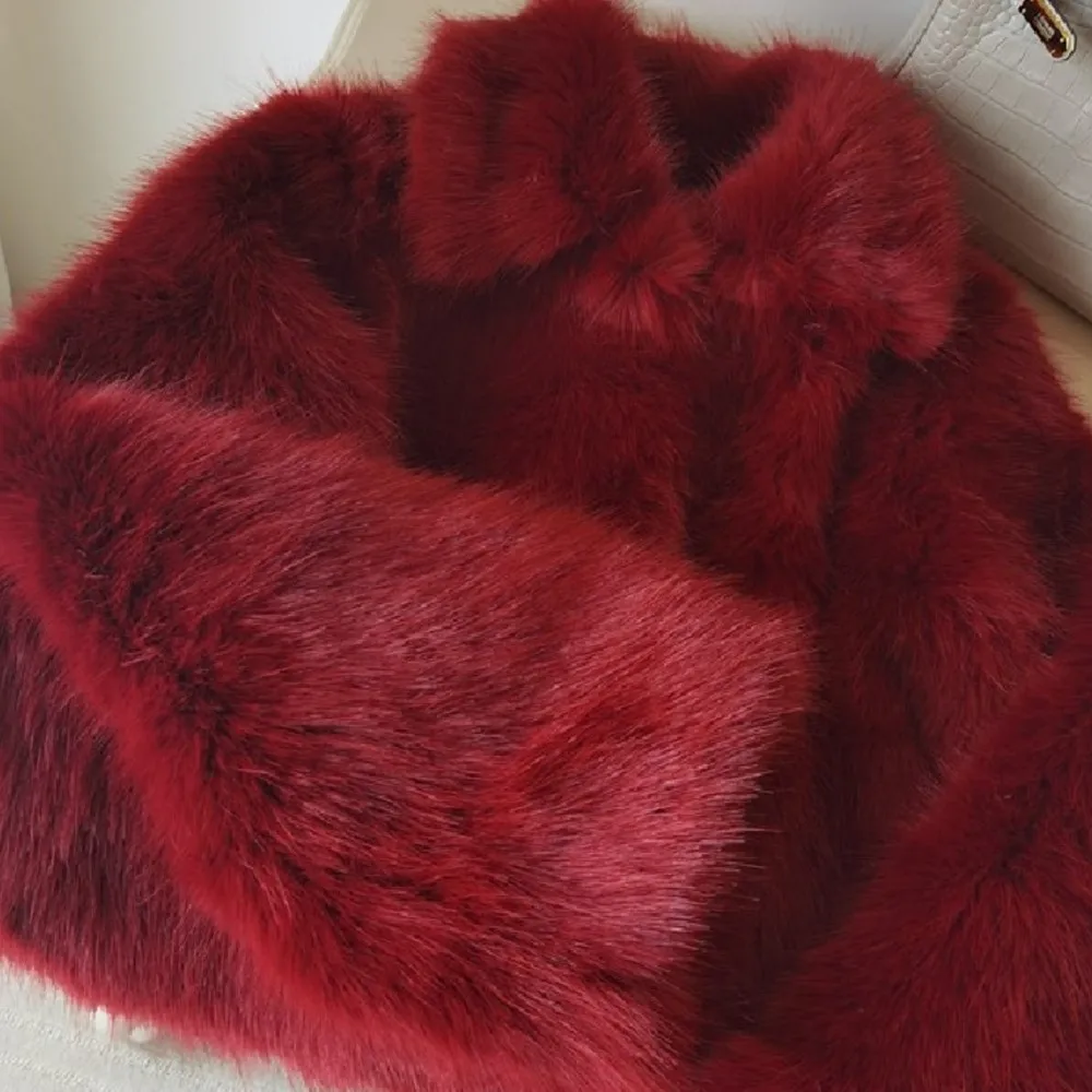 Invierno rojo cuello vuelto solapa peludo peludo suave abrigo de piel sintética mujeres de manga larga chaqueta cálida peluda prendas de vestir exteriores cortas