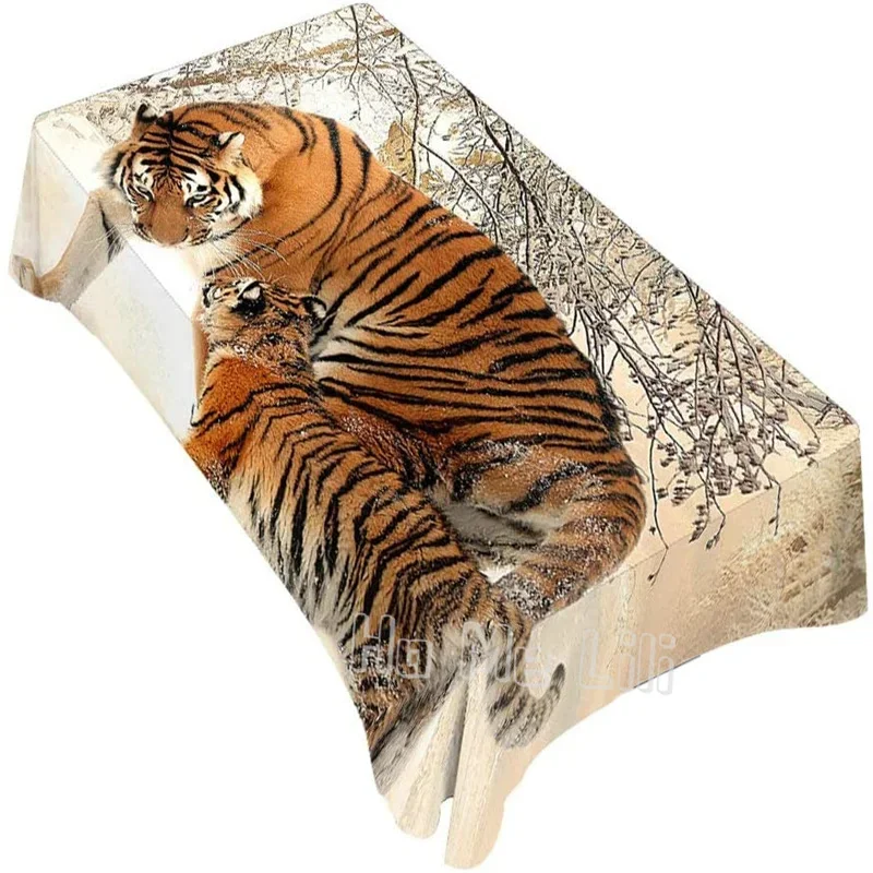 Decorative Rectangle Table Cloths Chinese Tiger Family Walking Winter Snow Have Dominant Temperament For Dining Bbq Picnic