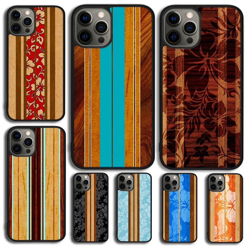 Hawaiian Faux Wood Surfboard Phone Case Cover For iPhone 15 16 14 XR XS 11 12 13 Mini Pro MAX Plus