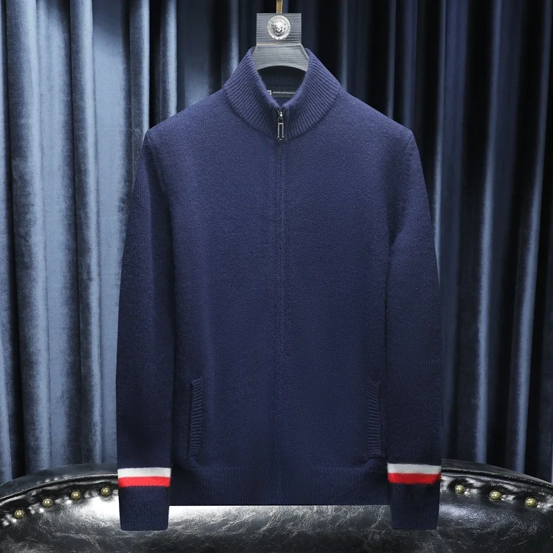 

Новый мужской вязаный кардиган на молнии с цветными вставками, приталенный, с воротником-стойкой, модный, универсальный, осенняя верхняя одежда 2025 года