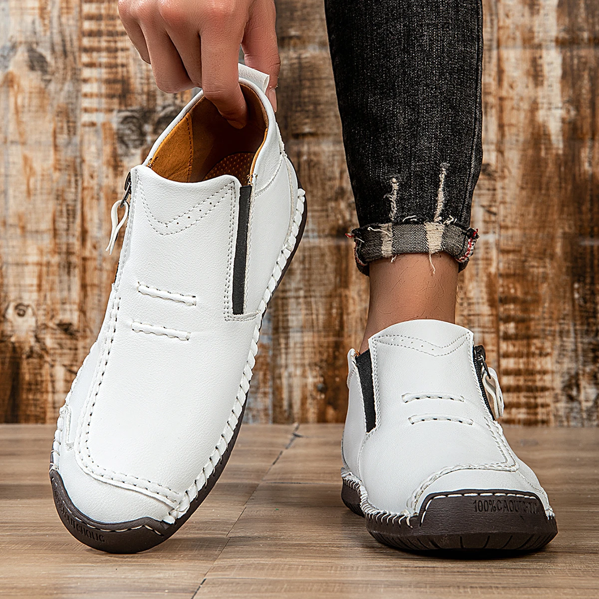 New Classic Handmade Leather Men's Shoes with Zipper Design Outdoor Sneakers Casual Flat Shoes Men Work Shoes Ankle Boots image 3