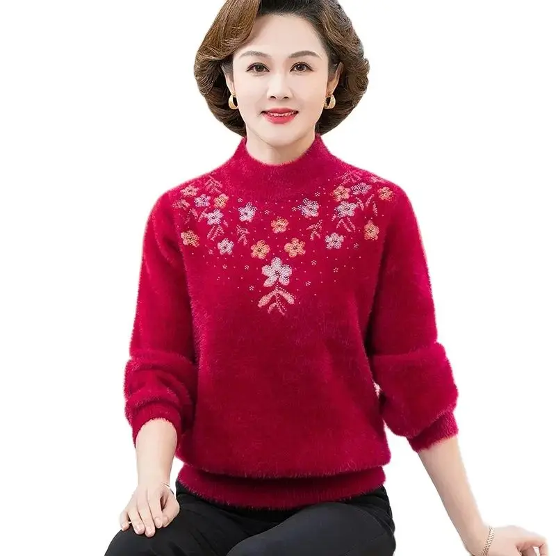 

2024 New Autumn Winter Padded Pullover Sweater For Middle-Aged Elderly People With Warm Semi-High Neck Padded Bottoming Shirt