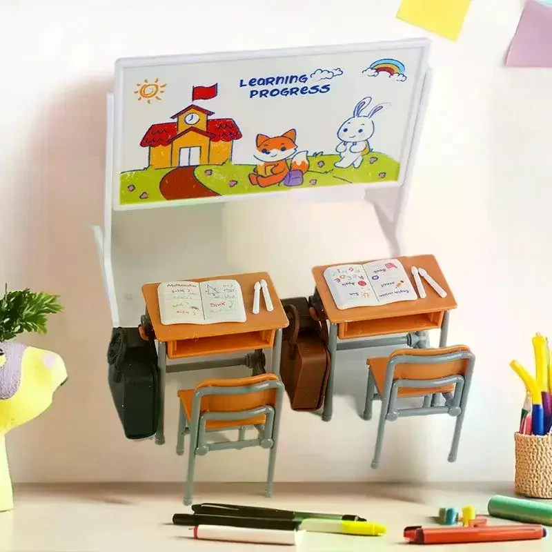 Handcrafted 1:12 Scale Dollhouse Classroom Setting with Desk, Chalkboard, Books, and Bag for Miniature Decor Collection.