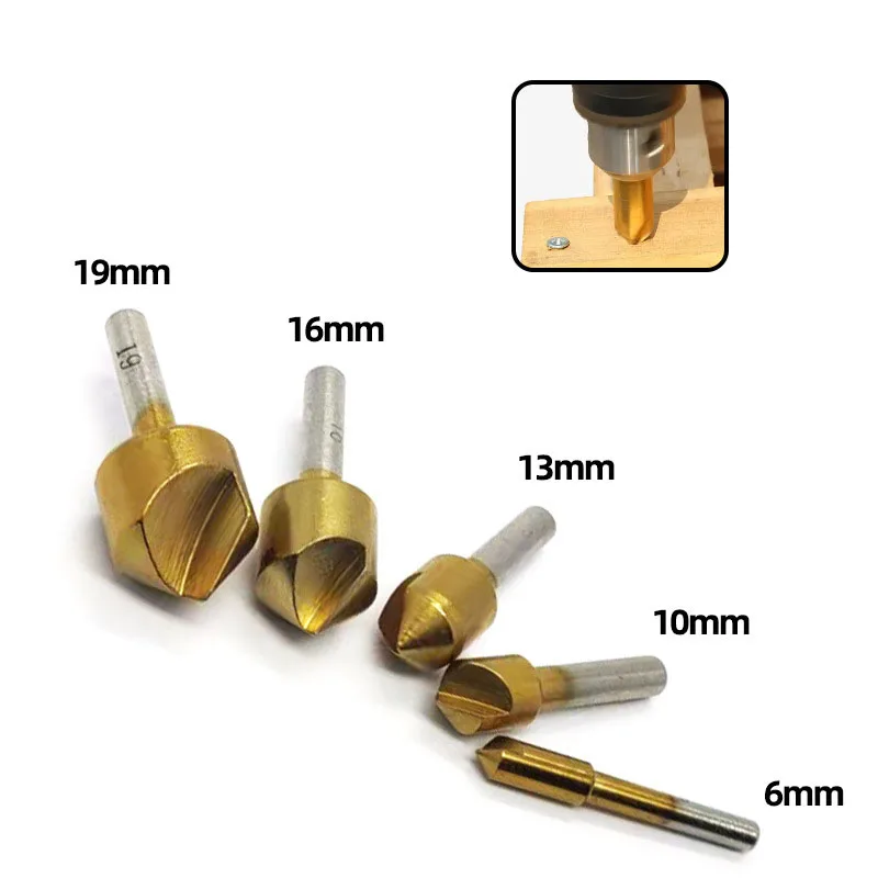 5Pcs Carbon steel 90 Degree Chamfering Titanium Coated Countersinks Single Flute  Chamfering Cutter Chamfer Drill Press