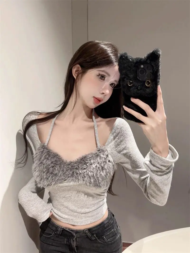 Sweet and Spicy Girl Gray Long Sleeved T-shirt Slim Fit and Slimming Design Niche Base Shirt Hanging Neck Patchwork Top Women