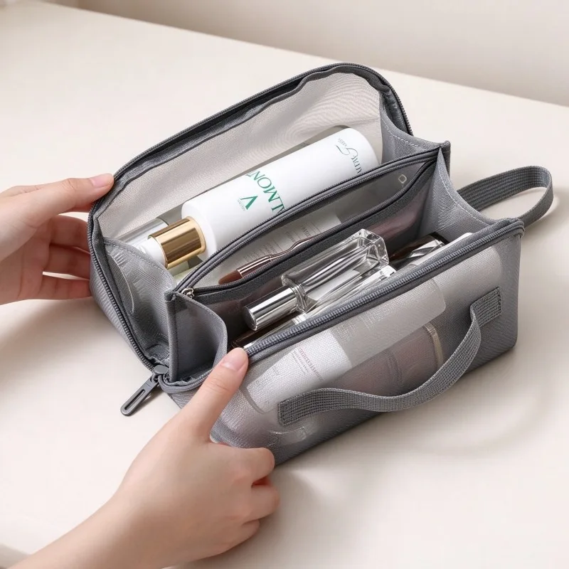Netz-Make-up-Tasche, große Kapazität, Reise-Kosmetik-Organizer, doppellagige, durchsichtige Toilettentasche, tragbare Handtasche für Hautpflegeprodukte – Detail 3