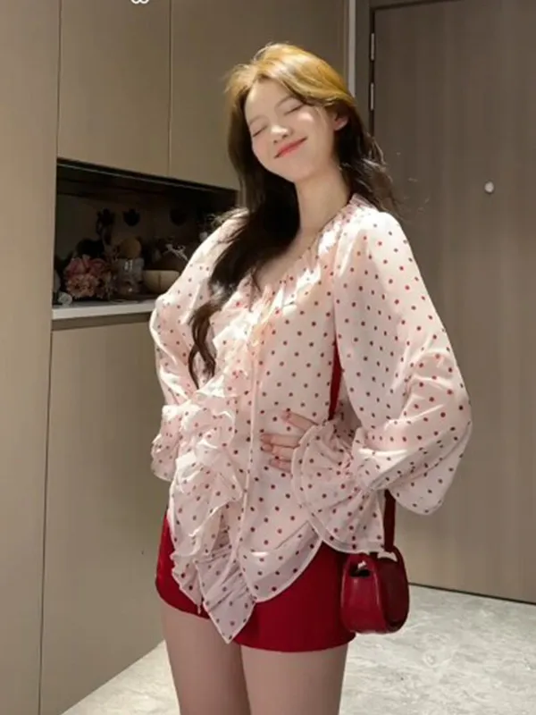 

Sweet Polka Dot Lace Trim Long Sleeve Women's Shirt Spring New Style Unique Personality Beautiful Top Ultra Light V-neck Midi...