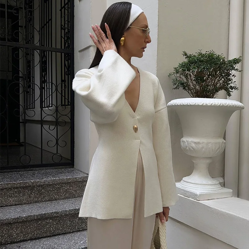 Trendix V-hals Truien Vest Top Vrouwen Herfst Casual Witte Patchwork Knop Trui 2025, Winter Bandage Slanke Truien Tops