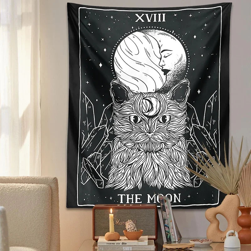 Tarot Card The Moon and Cat Tapestry Wall Hanging black Hippie Astrology Divination Background Wall Decoration Bed Sheet Carpet