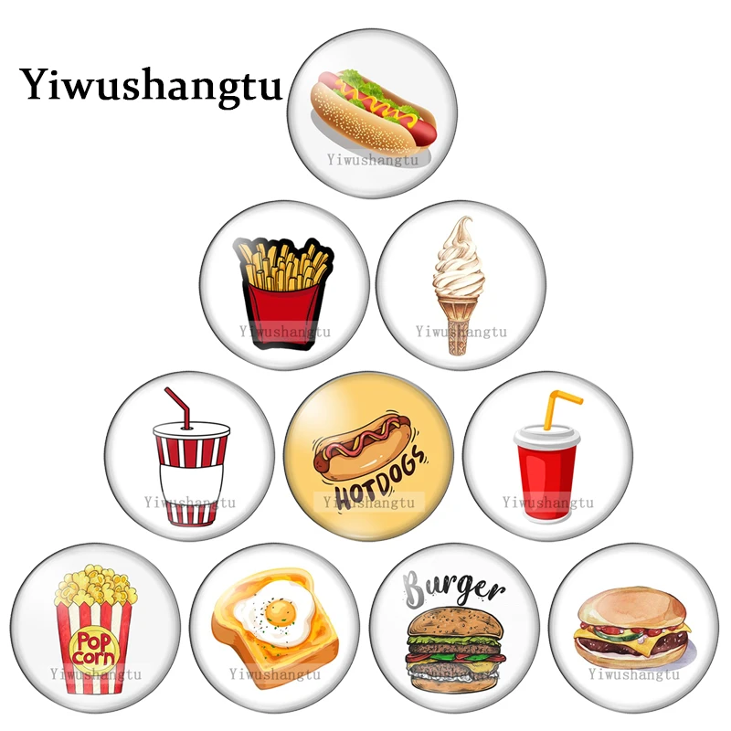 Cute Hamburgers ice cream hot dogs Coke Paintings 12mm/18mm/20mm/25mm Round photo glass cabochon demo flat back Making findings