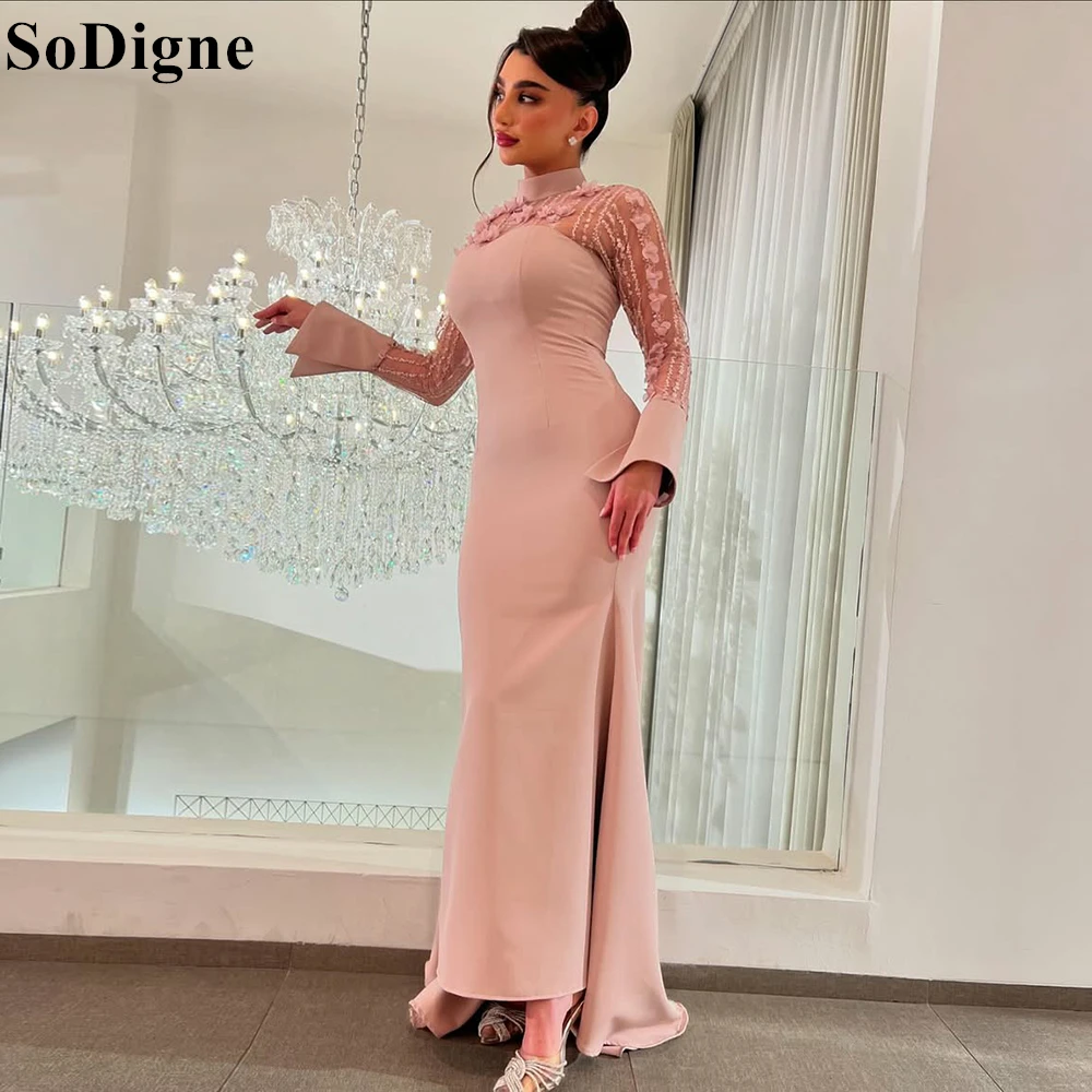 

SoDigne Elegant Pink Evening Dresses Mermaid High Neck Side Slit Lace Appliques Party Dress Saudi Arabia Prom Gowns Customized