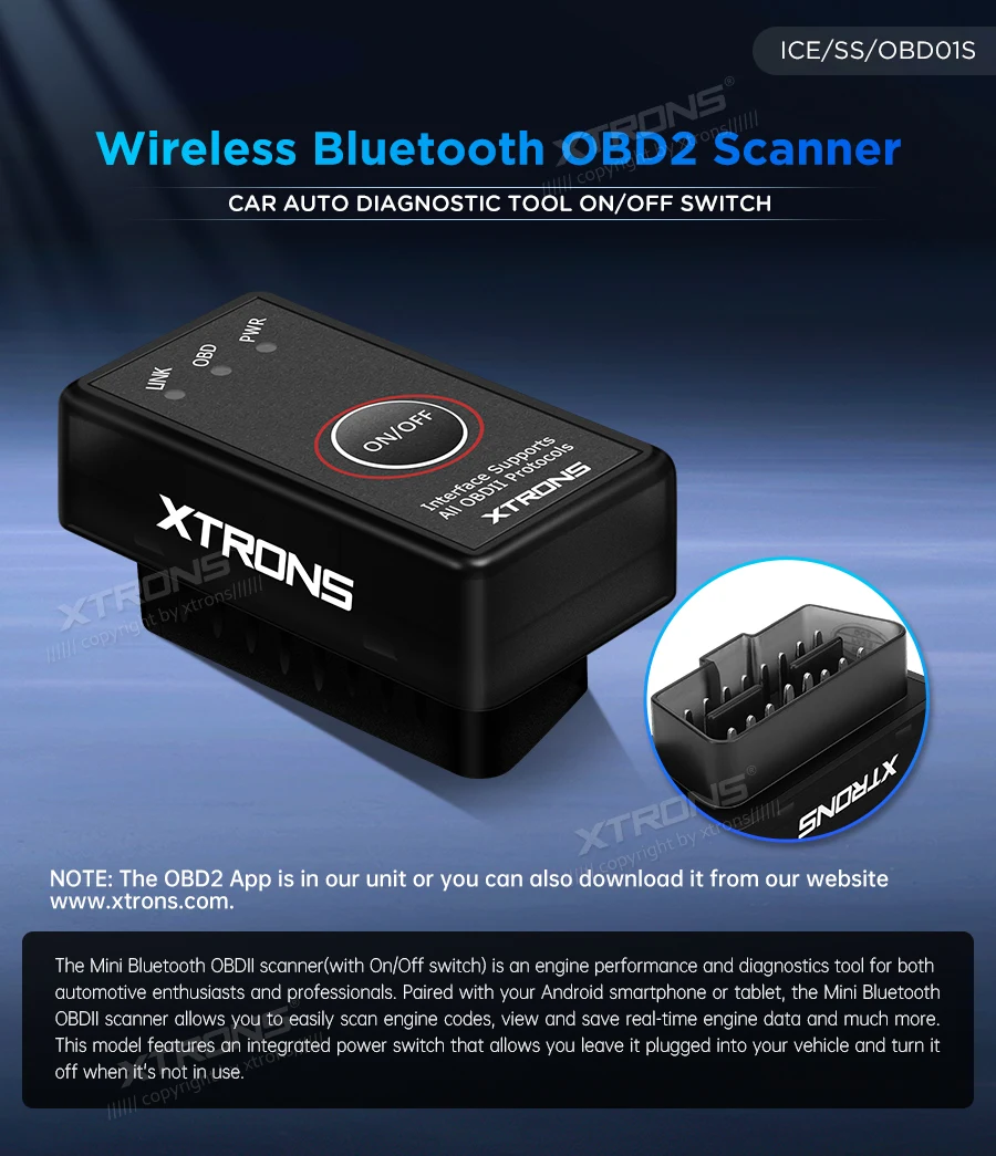 XTRONS Auto-accessoires Bluetooth OBD2 OBDII Auto Diagnose Scanner Tool Aan/Uit Schakelaar OBD01S OBD02 OBD03 OBD04
