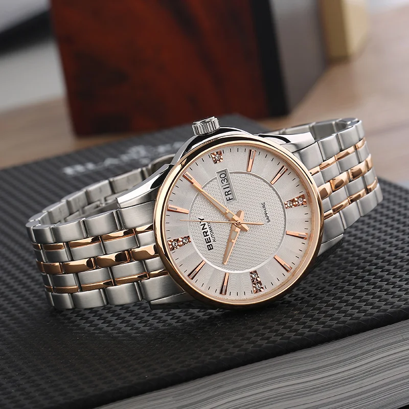 BERNY Best NH36 Automatic Movement Men Mechanical Watch  Date Display 24 Diamonds Clock Luminous Waterproof Relogio Masculino