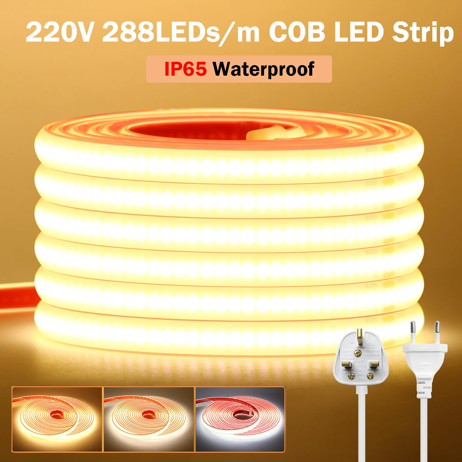 

Водонепроницаемая светодиодная лента COB 220 В, 288 светодиодов/м, клейкая лента с вилкой европейского/британского стандарта, теплая натуральная белая гибкая лампа для домашнего декора сада
