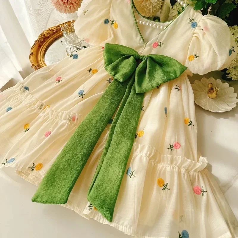 Bebê meninas vestido de princesa verão bege elegante vestido com arco verde crianças festa de aniversário roupas 2-12 anos de idade crianças roupas