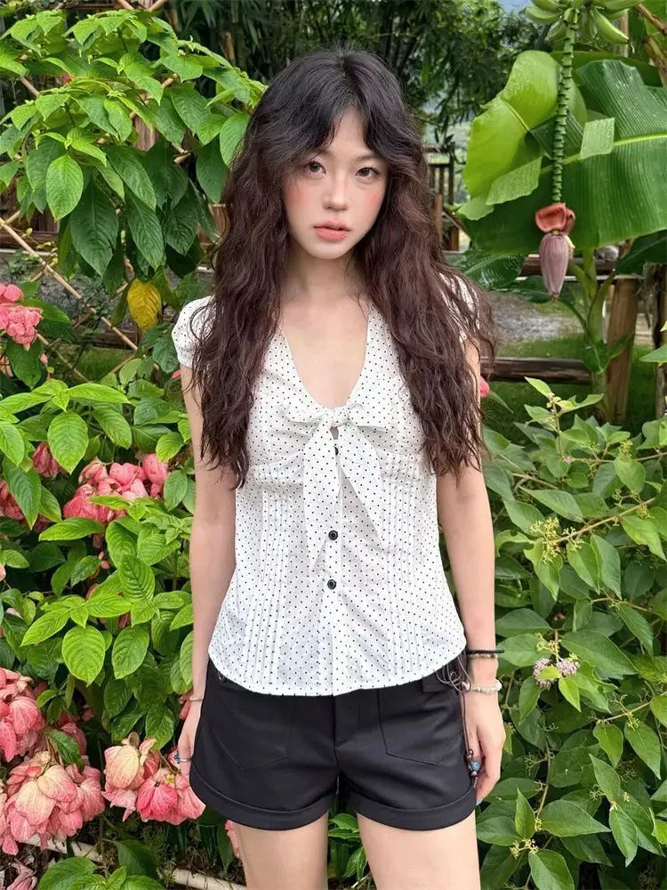 

Women Shirts Polka Dot Short Sleeve Bow Slim Fashion Sweet Elegant Blouse Elegant Ladies Casual Spring Summer Tops
