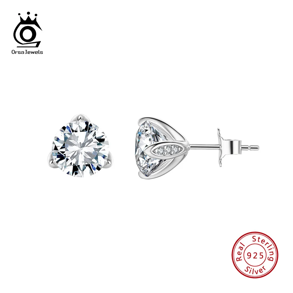 ORSA JEWELS 925 Sterling Silver Three Prongs 8A Premium Cubic Zirconia Stud Earrings Earrings for Women Fine Jewelry LZE61