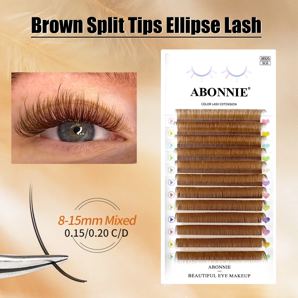 Abonnie Black Brown Color Flat Eyelashes Extensions Ultra Soft Ellipse Flat Lashes Split Tips Wire Ellipse Eyelashes