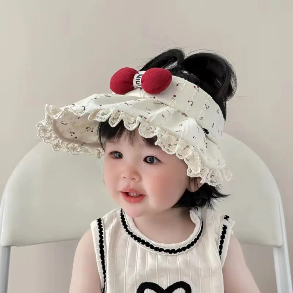 Lace Trim Sun Visor Hat Adjustable Breathable Empty Top Sun Hat Hollow Top Red Bowknot Large Brim Sun Visor Hat Summer Season