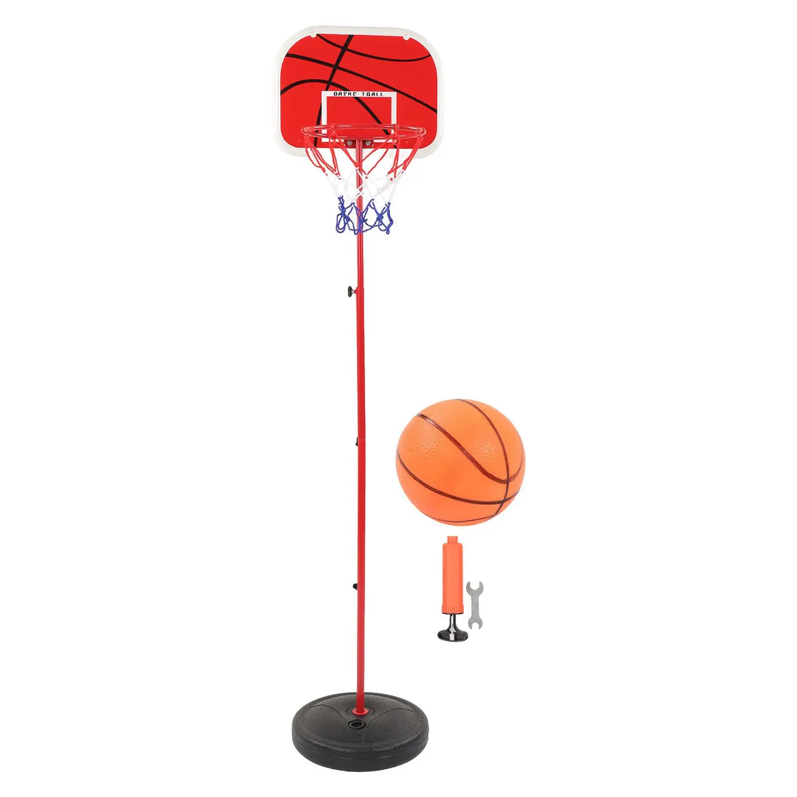 Soporte de aro de baloncesto de altura ajustable con poste de hierro, interior de plástico rojo y blanco para equipos deportivos