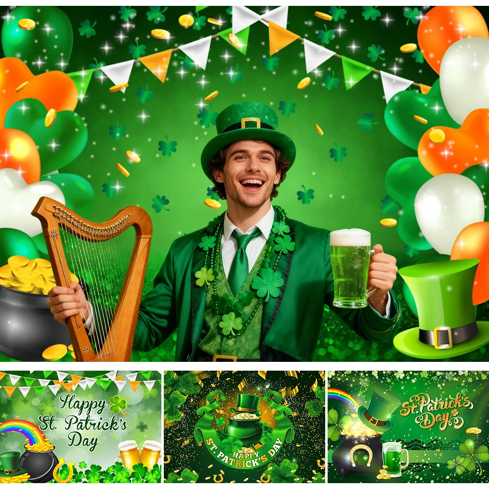

Happy St. Patrick's Day Backdrop Shamrocks Green Beer Bagpipes Elf Irish Holiday Party Decor Background Photography Studio Props
