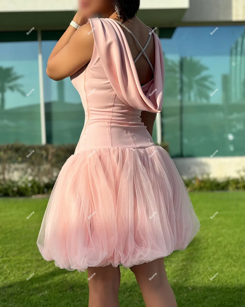 Booma Pink A-Line Prom Dresses O Neck Sleeveless Homecoming Party Gowns for Women Above Knee Special Occasion Gowns Outfits