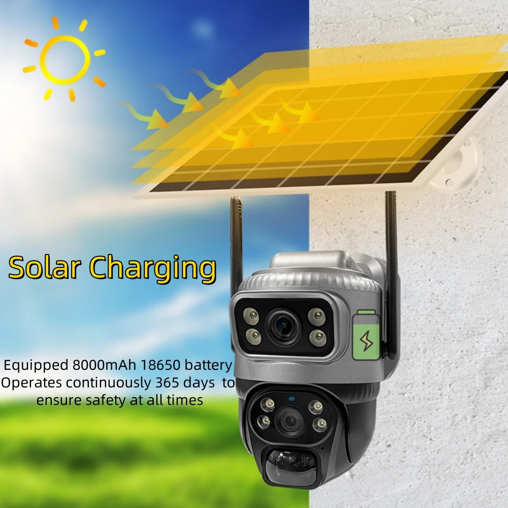 8MP HD عدسة مزدوجة شاشة مزدوجة كاميرا تعمل بالطاقة الشمسية مع 4G بطاقة Sim IP66 مقاوم للماء كاميرات المراقبة في الهواء الطلق اللون للرؤية الليلية CCTV