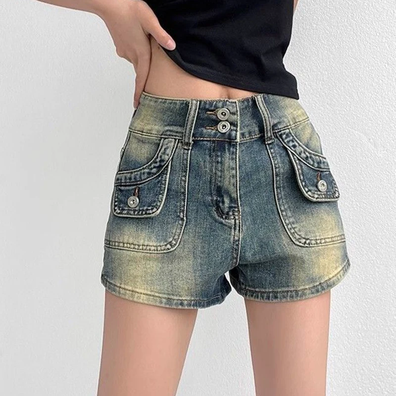 retro polished white elastic hip hugging denim shorts, summer new  high waist slim  hot pants for spicy girls