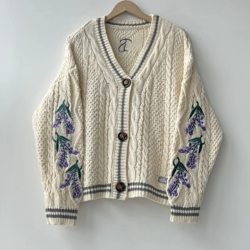 The Lakes Cardigan Women Winter Warm Wisteria Flower Embroidery Cardigans Female Soft V-Neck Beige Knitted Sweater Folklore Girl