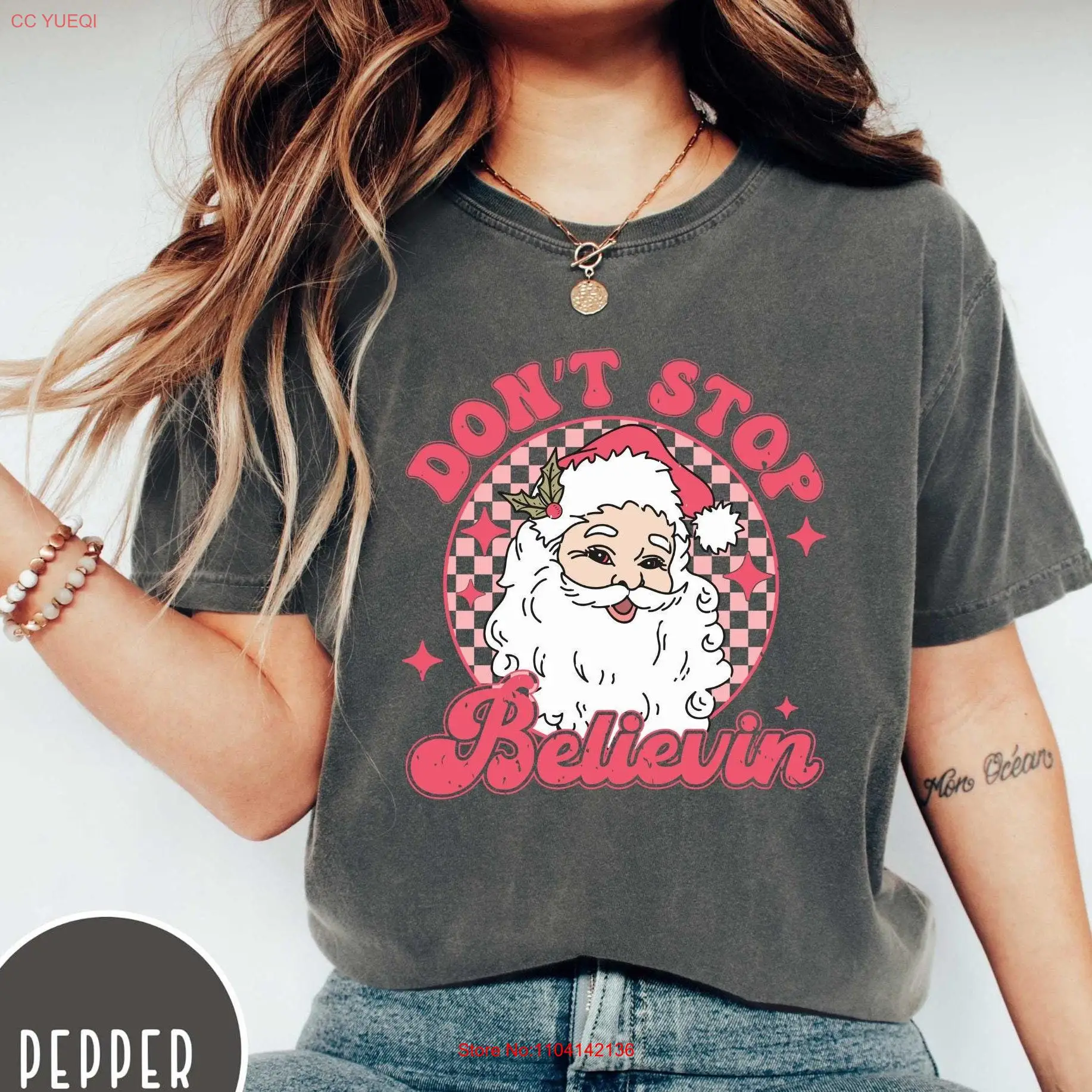 Camiseta Don't Stop Believe Comfort Colors Vintage Navidad Retro Rosa Santa Navidad para mujer ED141 manga larga o corta
