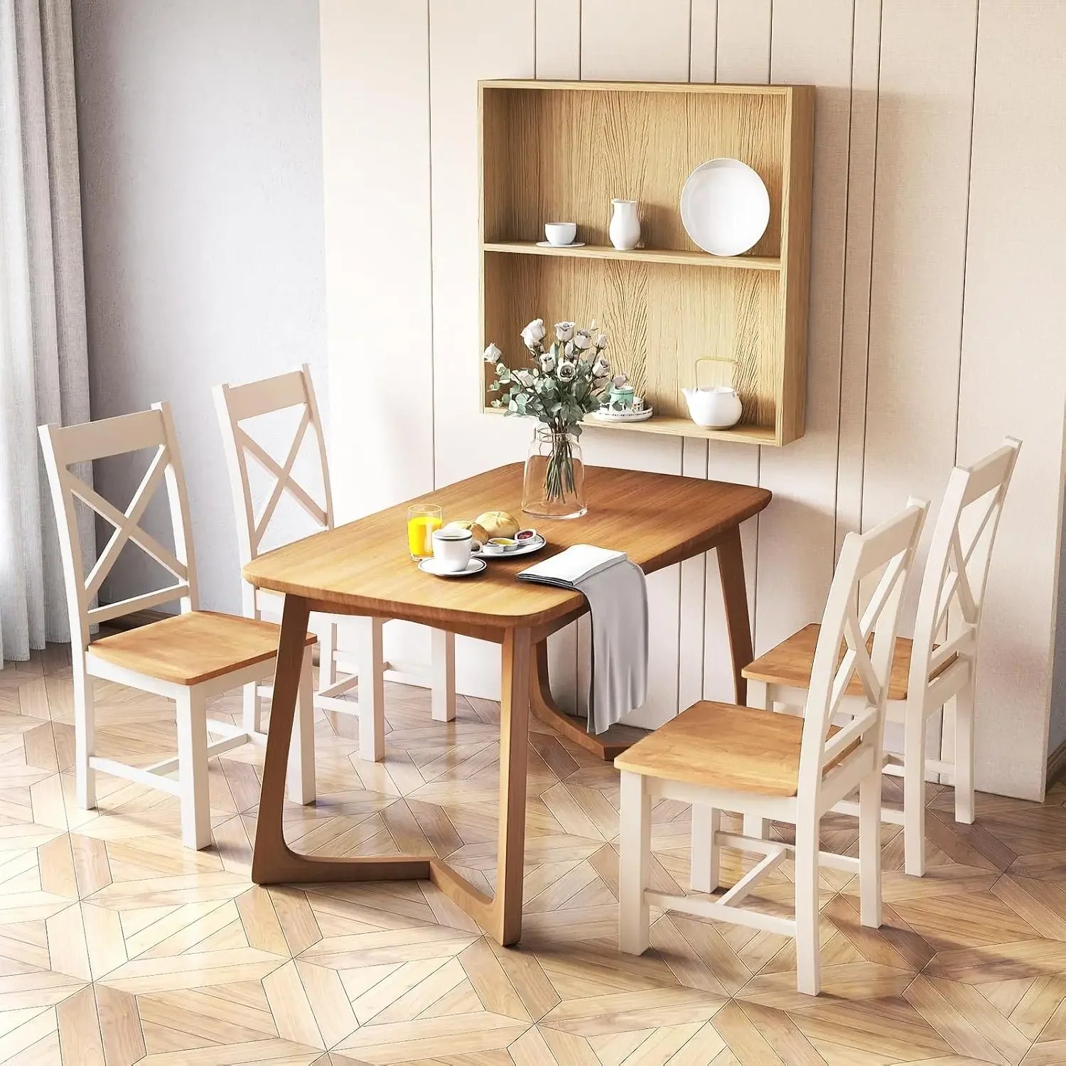Wooden Dining Chairs Set of 4, Farmhouse Kitchen Chair with High Cross Back, Rubber Wood Frame, Modern Dining Room Armless Side