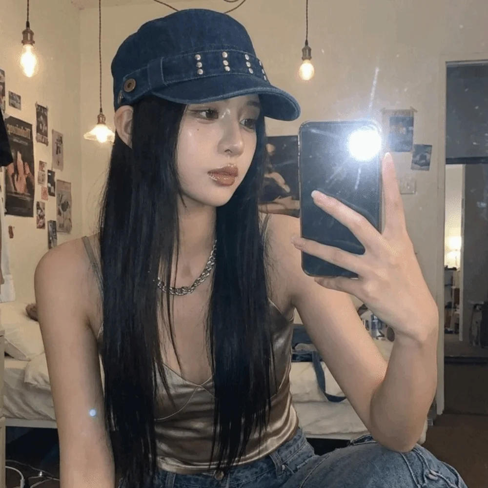 Retro Cloth Rivet Denim Beret Washed Denim Korean Style Rivet Flat Top Y2k Fashion Retro Painter Hat Travel