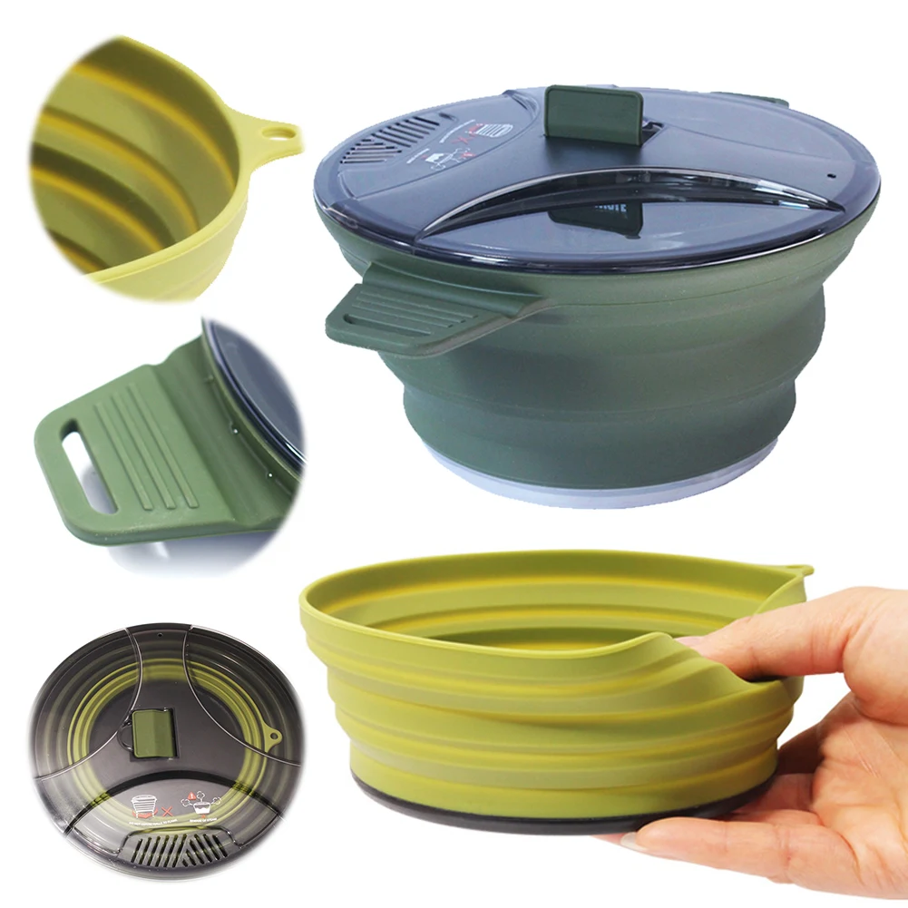 Silicone Folding Pot with 2 Folding Bowls Heat Resistant Foldable Camping Pot Stainless Steel for Hiking Backpacking