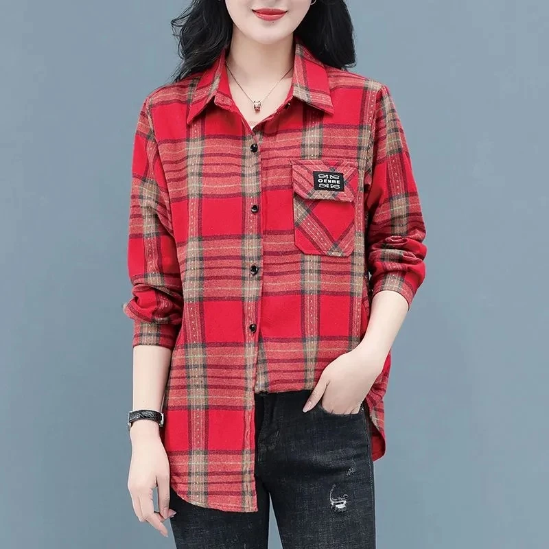 2024 Spring Autumn New Loose Plaid Cotton Shirt Women's Brushed Long Sleeve Covering Belly Shirt Large Top Coat Sanding Shirt