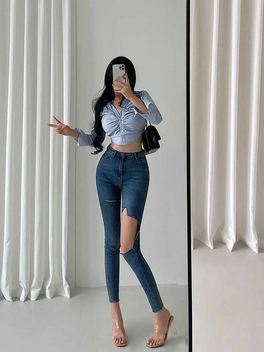 WOMENGAGA Spicy Girls Sexy High Waist Tight Slim Hole Pencil Pants Jeans Hot Sexy Korean Women Pants Trousers Fashion 8S2Y