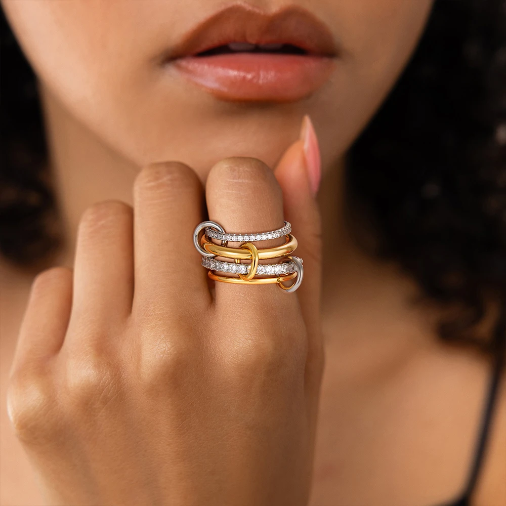 Gothic Multi-layer Metal Two-tone Stacking Rings for Women PVD Waterproof Stainless Steel CZ Zircon Finger Ring Designer Jewelry image 2