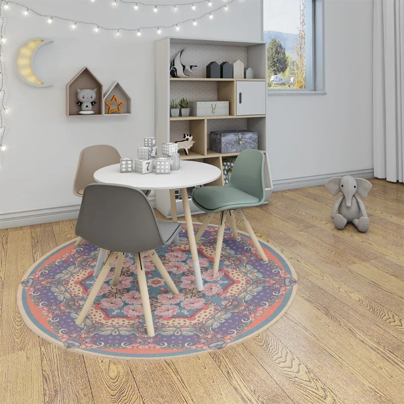 

Ethnic Bloom Round Carpet, Multicolor Persia with Floral Core & Geometric Border Rug Plush Floor Mat for Bohemian Living Room