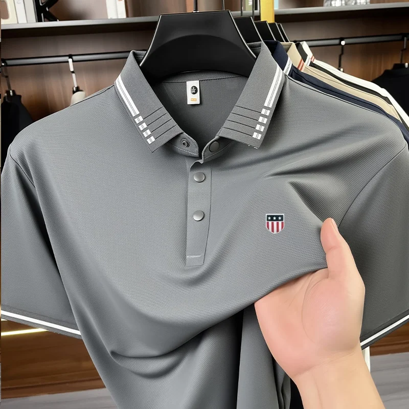 Men's Summer Nylon Ammonia Seamless Short Sleeved Polo Shirt Embroidered Hem Split T-Shirt Four Button Design Casual Men's Wear