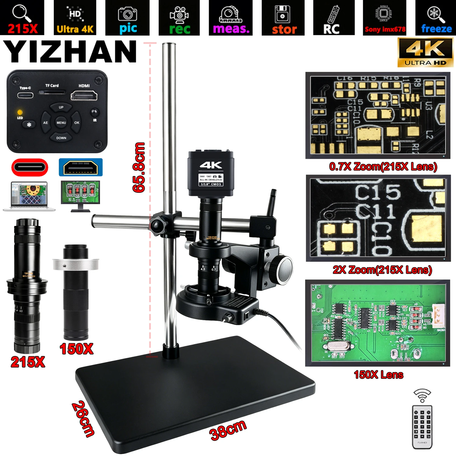 YIZHAN 4K Digitalmikroskop für Elektronik, Löt-Mikroskop mit 150X Objektiv und 215X Zoom-Objektiv, Schwenkbarer Universal-Säulenständer