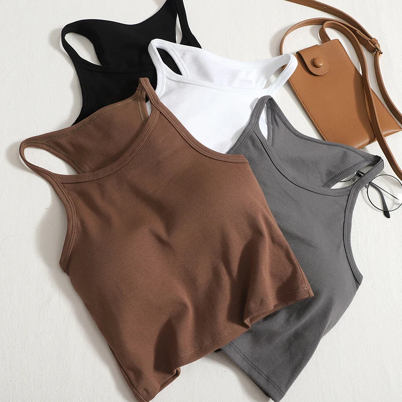 Women All-match Off Shoulder Comfortable Tank Top Outer Wear Summer Casual Camis With Bra Pad Underwear Fitness Solid Base Shirt