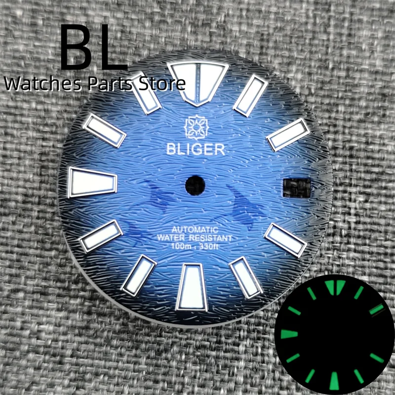 BLIGER 28.5mm Watch Dial With Flying Fish Pattern Black Blue Dial Green Luminous For NH34 NH35 Movement Watch Parts Date Window