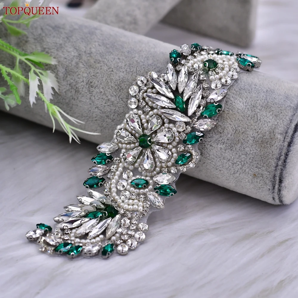 Topqueen S22 Bruiloft Riem Diamant Groen Diamante Dress Trim Satin Wedding Riem Prom Riem Steen Riem Bruid Jurken Decoratie