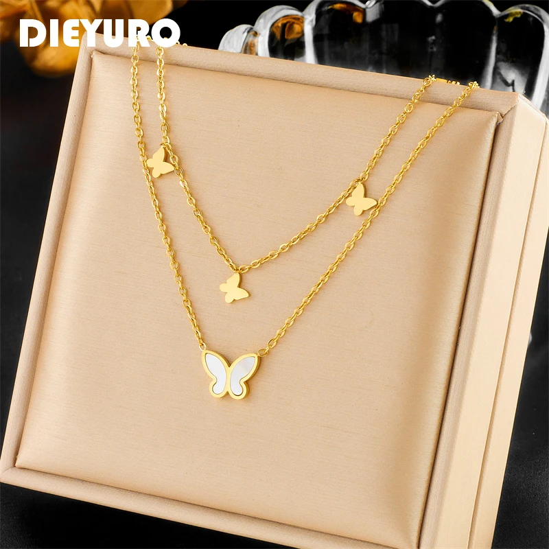 DIEYURO 316L Stainless Steel Lovely Butterfly Pendant Necklace For Women Fashion Double Layer Neck Chain Jewelry Gift Bijoux